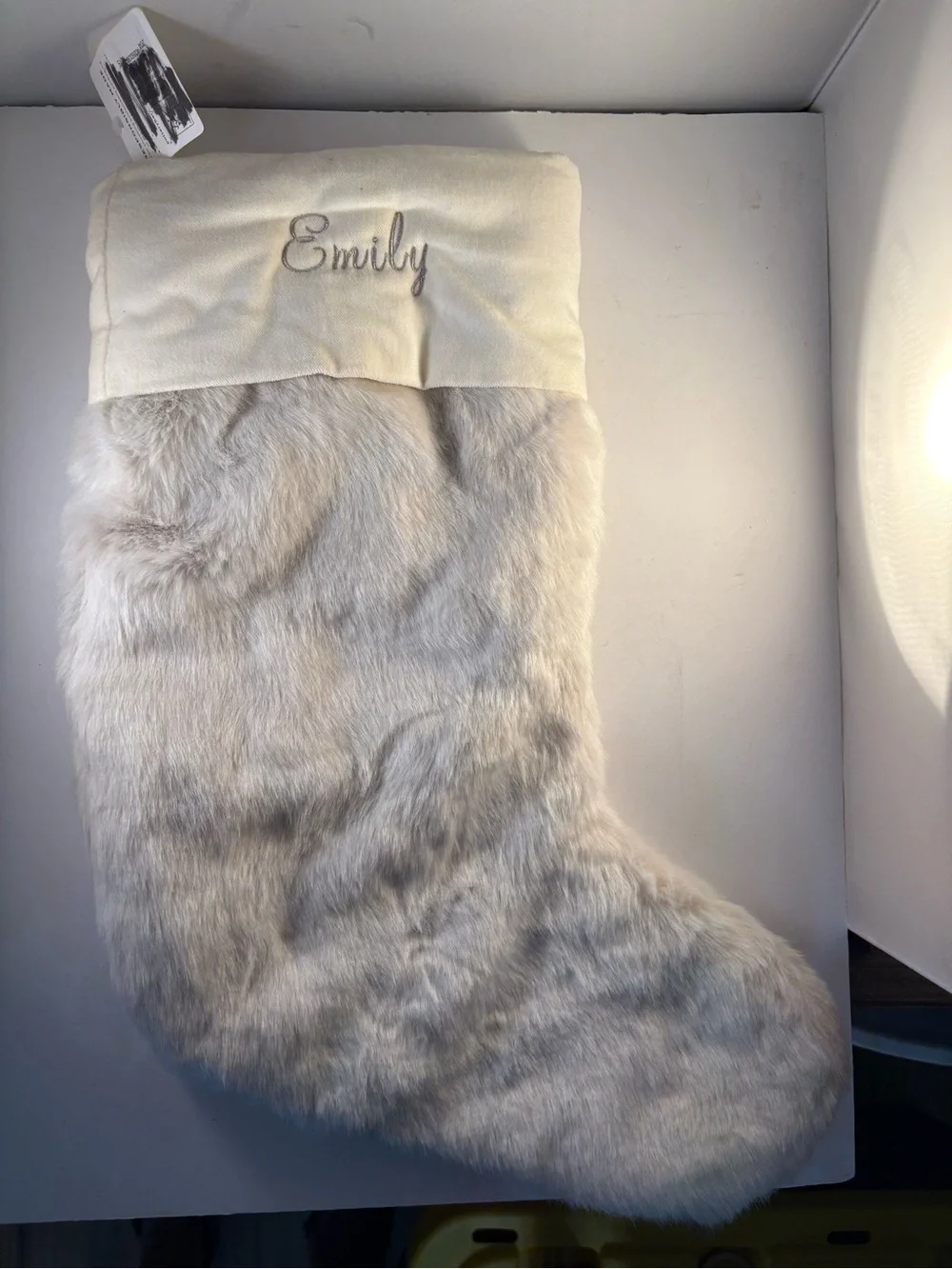 Pottery Barn Alpaca Faux Fur Christmas Stocking Ivory Gray Embroidered “Emily”